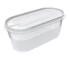 A clear, studio shot of an oval-shaped plastic food container with its lid on, isolated on a white background. Produktbild-Vorschau