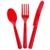 Three red plastic cutlery items (spoon, fork, knife) arranged on a white background. Produktbild-Vorschau