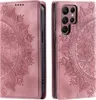 A pink flip case for a Samsung Galaxy S24 Ultra phone, decorated with a mandala pattern, is shown from two angles.