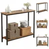 Multiple views of a narrow console table with a rustic wood top and black metal frame, shown with decorative items and storage boxes. Produktbild-Vorschau