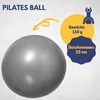 A gray pilates ball is shown with text overlays indicating its weight and diameter, and a small graphic of a person exercising. Produktbild-Vorschau