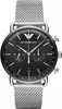 A close-up studio shot of an Emporio Armani chronograph men's watch with a black dial and a silver mesh strap. Náhled obrázku produktu