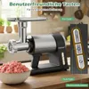 A meat grinder is shown on a wooden table, with a bowl of ground meat in front of it. There is also a close-up of the control panel with labels. Produktbild-Vorschau