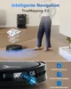 A robotic vacuum cleaner is shown in a room with a person standing nearby, demonstrating its intelligent navigation features. Produktbild-Vorschau