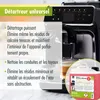 A coffee machine with a bottle of descaler next to it, and text describing the product's features. Produktbild-Vorschau