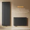 Two radiators of different sizes are shown against a light beige wall. Text overlays provide product information. Náhled obrázku produktu