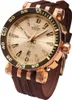 A close-up studio shot of a Vostok Europe watch with a champagne dial and brown rubber strap. Podgląd zdjęcia produktu