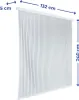 A white shower curtain with vertical gray stripes, shown hanging from a rod. Dimensions are indicated with measurement lines and text. Podgląd zdjęcia produktu