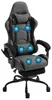 A gaming chair with a footrest and massage function.
