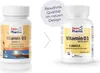 Two bottles of Vitamin D3 supplements are shown side-by-side, with an arrow indicating a change from an older design to a newer one. A circular overlay highlights "Proven Quality in New Design". Produktbild-Vorschau
