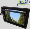 A black framed window is shown open, revealing a scenic view of mountains and trees. Produktbild-Vorschau