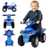 A baby riding a blue toy quad bike, with additional views of the quad bike. Produktbild-Vorschau