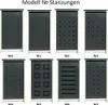 A grid of eight different trash can enclosures, each with a unique pattern of holes or solid panels, labeled with numbers. Produktbild-Vorschau