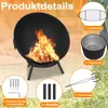 A collage of images showing a fire pit and its accessories, with text labels in German. Produktbild-Vorschau