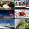 A collage of six different images showcasing various camera features and modes, including selfies, snowboarding, time-lapses, loop recordings, and macro photography. Produktbild-Vorschau