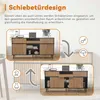 A product image showcasing a sideboard with sliding doors, with diagrams illustrating the functionality of the doors and icons representing features. Produktbild-Vorschau