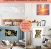 A collage of four different interior design scenes, each featuring a piece of wall art or decor, with a central circular graphic highlighting a product feature. Podgląd zdjęcia produktu