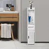 A narrow white bathroom cabinet is shown next to a wooden vanity with a sink. Produktbild-Vorschau