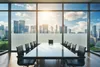 A modern conference room with a large window overlooking a city skyline. Podgląd zdjęcia produktu