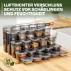 A collection of clear plastic food storage containers filled with various dry goods, arranged on a wooden surface. Náhľad obrázku produktu