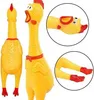 A collage of images showing a yellow squeaky chicken toy from different angles, including close-ups of its head and legs. Náhľad obrázku produktu