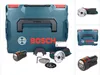A collage of images showing a Bosch cordless angle grinder set, including the tool, batteries, accessories, and its storage case. Náhled obrázku produktu