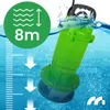 A green submersible pump is shown partially submerged in blue water, with water splashing around it. A green circle with white wavy lines and '8m' is in the upper left corner, indicating depth. Podgląd zdjęcia produktu