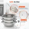 A stainless steel steamer set is shown in a kitchen setting, with close-up insets highlighting safety features. Náhľad obrázku produktu