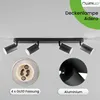 A black ceiling lamp with four adjustable spotlights is shown against a light gray background. Close-up views of the GU10 socket and the aluminum material are also displayed. Voir les images du produit