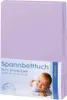 A folded lavender fitted sheet for a child's bed is shown, with packaging information and a baby's image on the front.