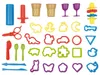 A collection of colorful plastic playdough tools and cutters arranged on a white background. Produktbild-Vorschau