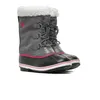 A pair of gray and black winter boots with white fur trim and red accents, shown against a white background. Produktbild-Vorschau