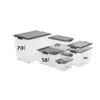 A collection of clear plastic storage boxes with gray lids, arranged in a group on a white background. Some boxes have capacity labels on them. Náhľad obrázku produktu