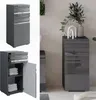 A collage of a tall, narrow cabinet with a high-gloss anthracite finish, shown from different angles and in a bathroom setting. Náhľad obrázku produktu