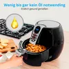 A hand is holding the handle of an air fryer filled with french fries, with a stove and potatoes in the background. Produktbild-Vorschau