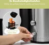 A hand is shown adjusting the speed dial on a silver and black juicer, with carrots being fed into the juicer in a circular inset. Produktbild-Vorschau