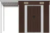 A brown metal garden shed with a white frame and a covered lean-to section. Podgląd zdjęcia produktu