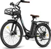 A black electric bicycle with a front basket and rear rack, presented against a white background. Náhled obrázku produktu