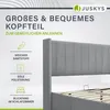 A close-up view of a bed frame's headboard with marketing text and icons. Produktbild-Vorschau