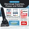A black ice scraper is shown in the snow, with various awards and logos surrounding it. Produktbild-Vorschau