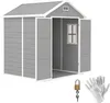 A grey garden shed with white trim and double doors, shown with a padlock and gloves in the foreground. Produktbild-Vorschau