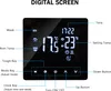 A digital thermostat screen with labels pointing to different functions and displays. Podgląd zdjęcia produktu