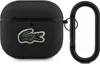 A black AirPods case with a green Lacoste crocodile logo and a black carabiner clip. Podgląd zdjęcia produktu