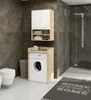 A modern bathroom featuring a washing machine, a toilet, and storage units against a dark tiled wall. Náhľad obrázku produktu