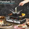A Zilan Raclette Grill with a fondue set is shown in use on a wooden table, with food being prepared and served. Produktbild-Vorschau