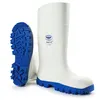 A pair of white and blue work boots are shown against a white background. One boot is standing upright, and the sole of the other boot is shown separately. Produktbild-Vorschau