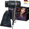 A black Beurer hair dryer with gold accents is shown next to its packaging, which features a model with styled hair. A black drawstring bag is also present. Podgląd zdjęcia produktu