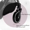 Close-up of a stroller wheel and suspension system, with text highlighting features. Produktbild-Vorschau
