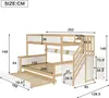 A diagram showing the dimensions of a bunk bed with a pull-out trundle and storage stairs. Produktbild-Vorschau