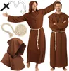 A collage of images showing a monk costume for adults, including the robe, hood, rope belt, and a cross necklace. Náhled obrázku produktu